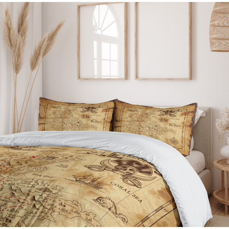 Beige Brown Rustic Pirate Map Queen Duvet Cover Set