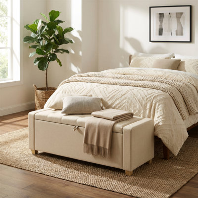 Storage Chest Bench With Legs, Storage Ottoman, End Of Bed Bench With Safety Hinges, Linen-Look Fabric, Beige