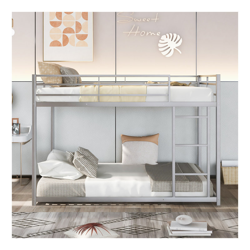 Full Over Full Metal Bunk Bed, Low Bunk Bed With Ladder, Silver