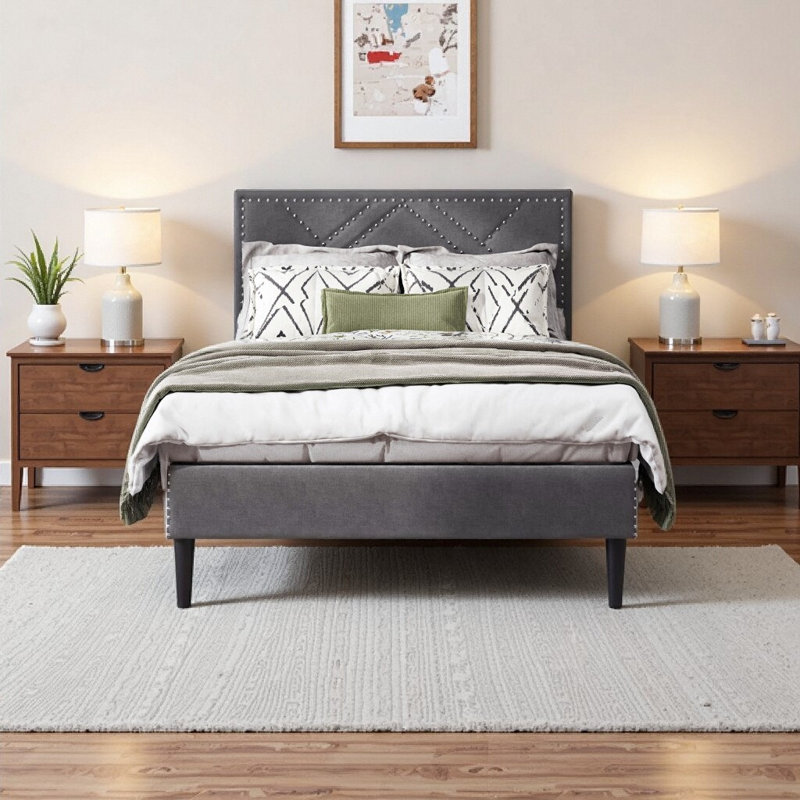 Cadre de lit double moderne avec tête de lit en lin et dégagement sous le lit - Gris carbone, aucun sommier nécessaire