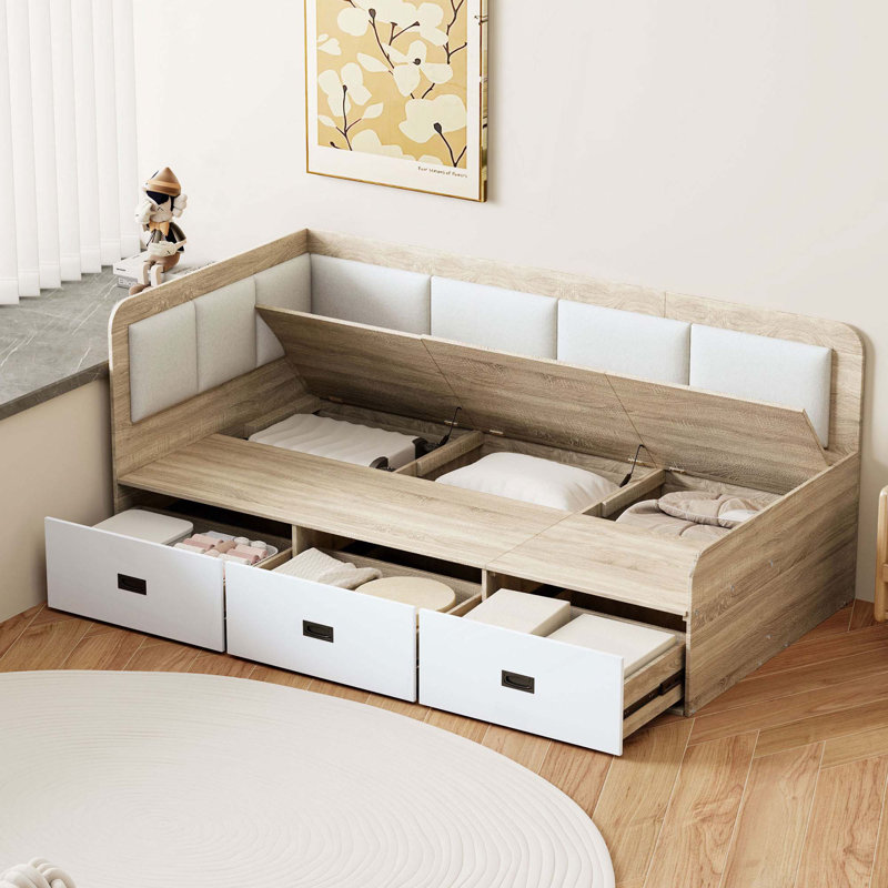 Lit de jour avec trois tiroirs et trois compartiments de rangement, Beige / Naturel, Lit simple