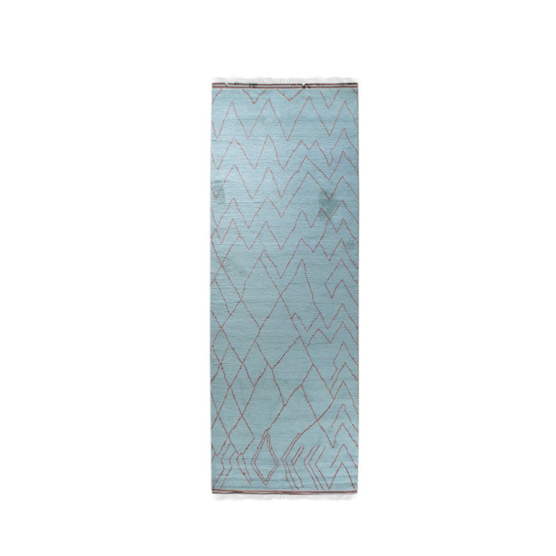 Isla Moroccan Blue Hand Knotted Wool Light Blue Transitional Contemporary Area Rug, Rectangle 4' x 12'