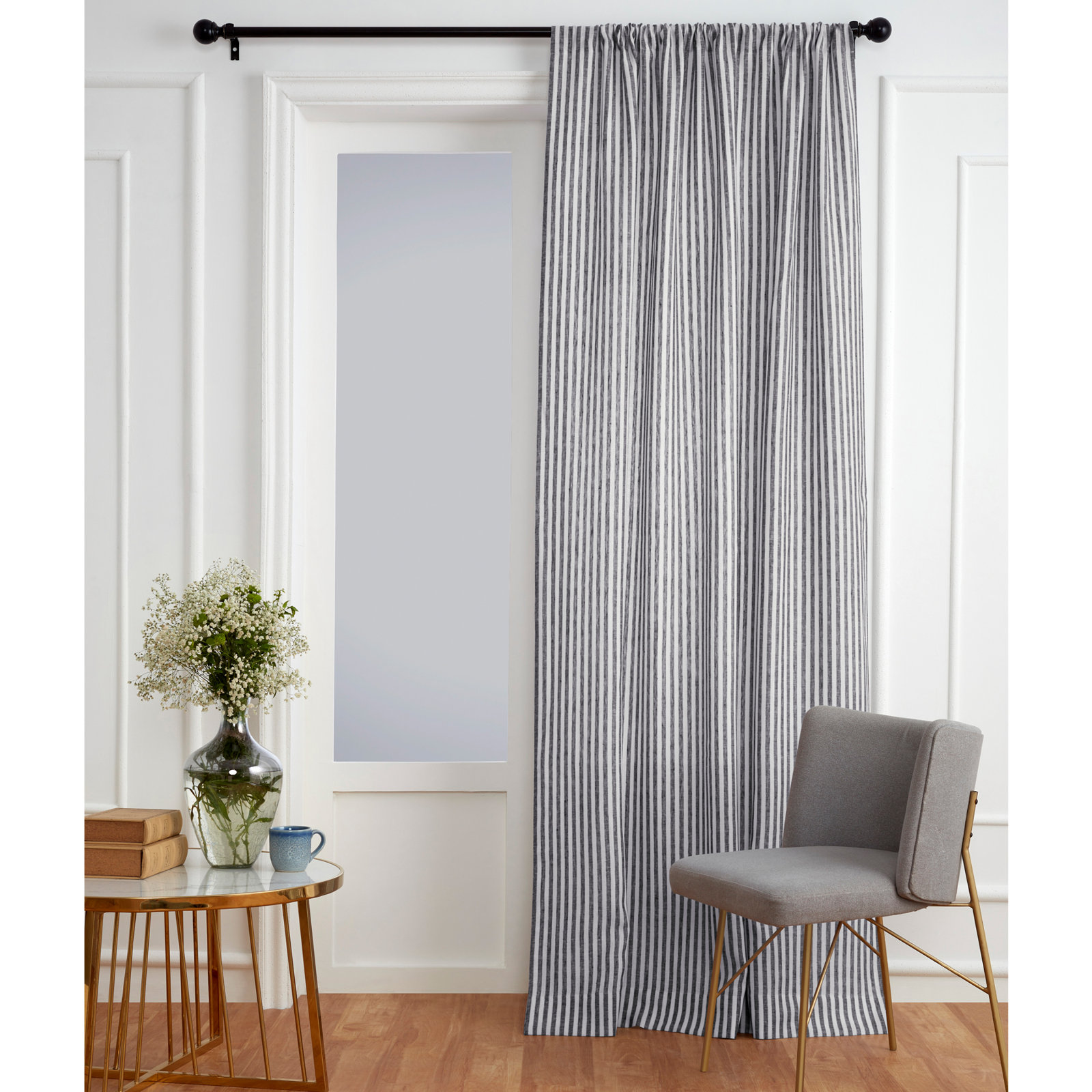  Stripe - 100% Pure Linen Curtain, 52" W x 84" L, Black and White