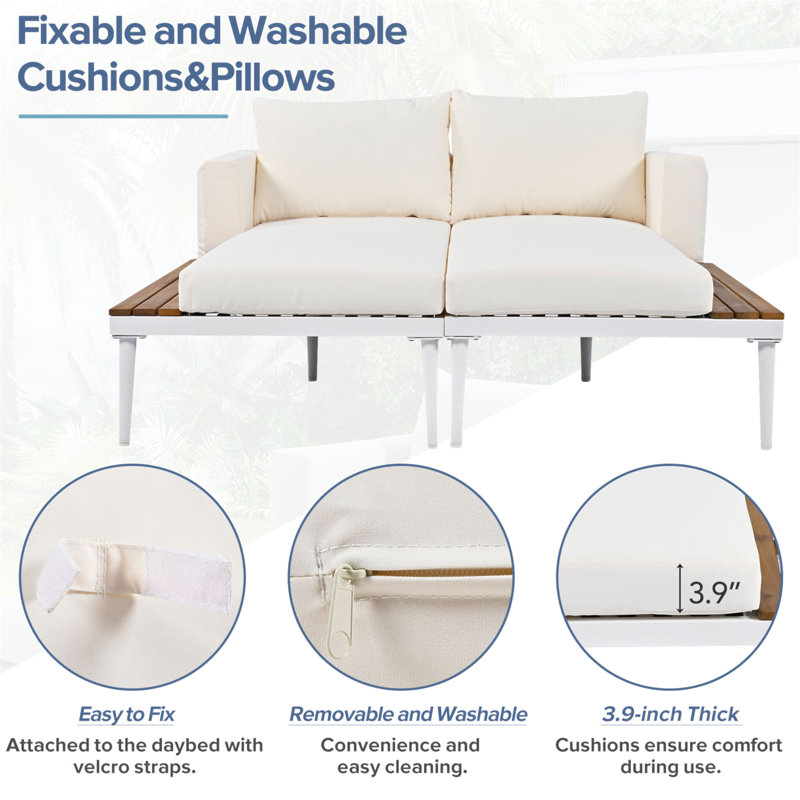 Versatile Outdoor Daybed With Practical Side Spaces For Ultimate Relaxation, Beige Cushion/White Frame