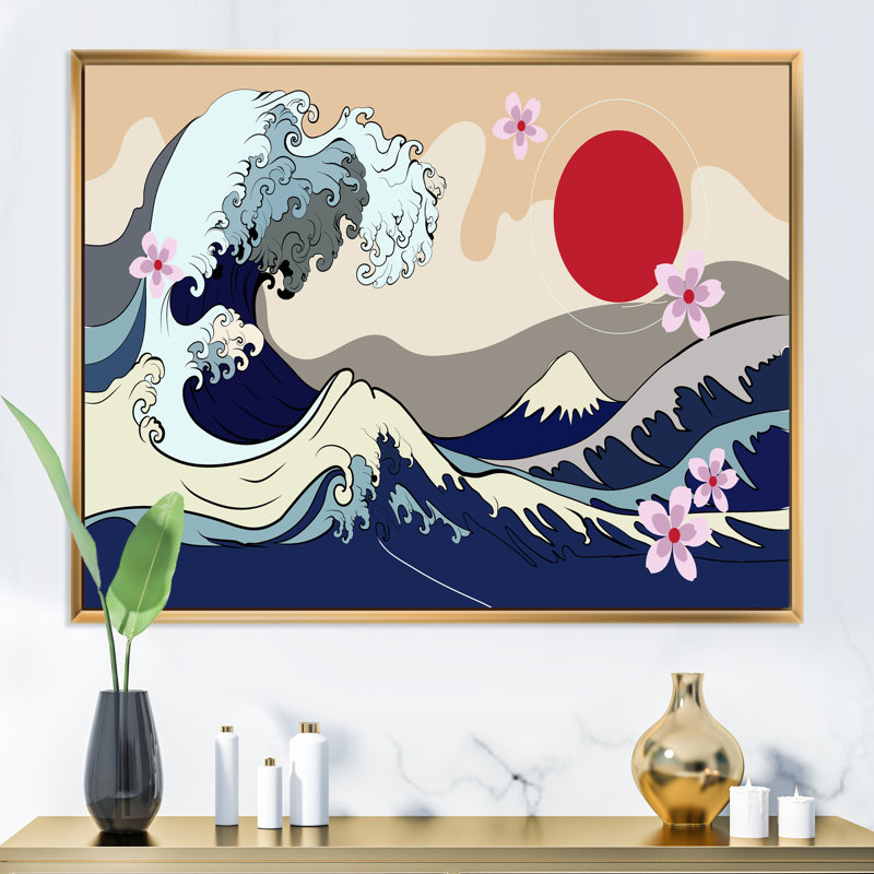 Traditionnel japonais, lune rouge et vagues - reproduction d'art sur toile traditionnelle, H 34 po x l 44 po