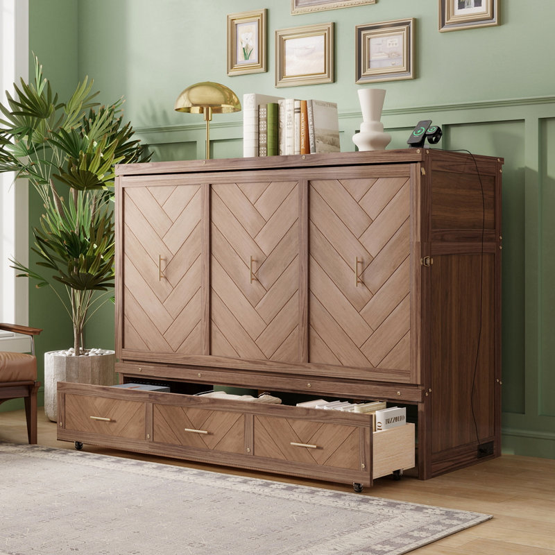 Grand lit escamotable avec station de charge USB intégrée et tiroirs, Brun