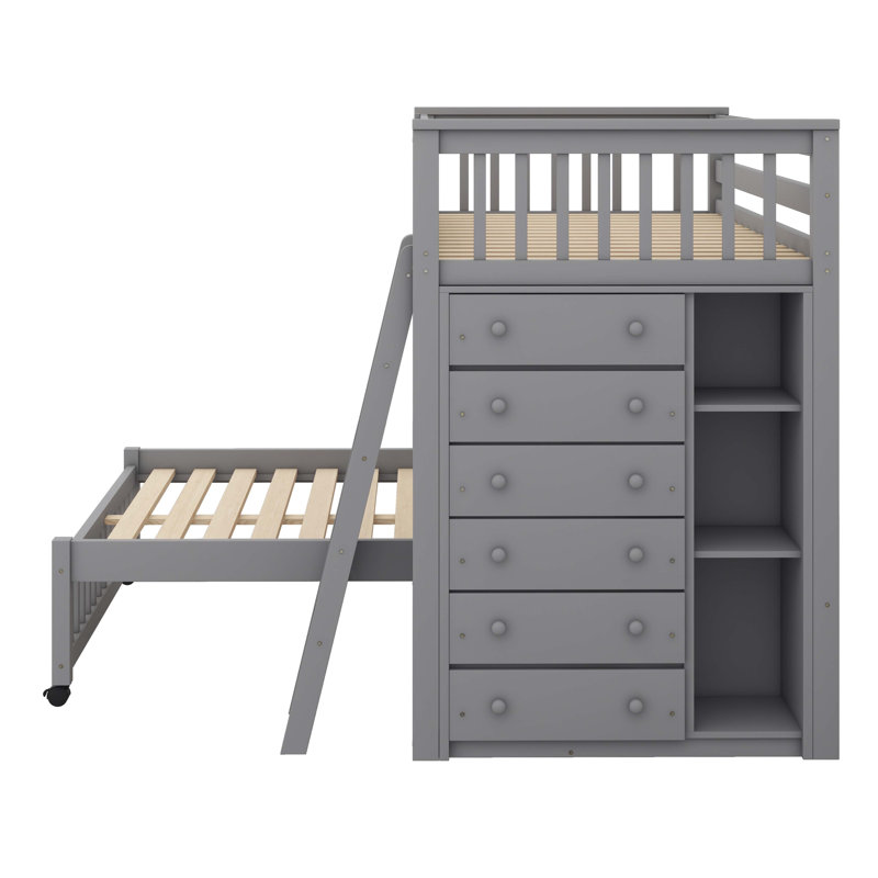Lits simples superposés en bois avec six tiroirs, tablettes réglables et garde-corps pleine longueur, Gris