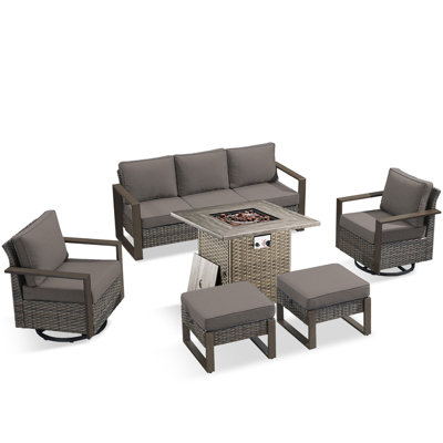 Ensemble de conversation d'extérieur 6 pièces avec fauteuils pivotants et table de foyer carrée Palomares