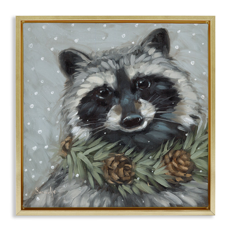 «Raccoon with Pinecones», art mural sur toile par Sara G. Designs, H 25 po x l 25 po, Cadre flottant métallique doré