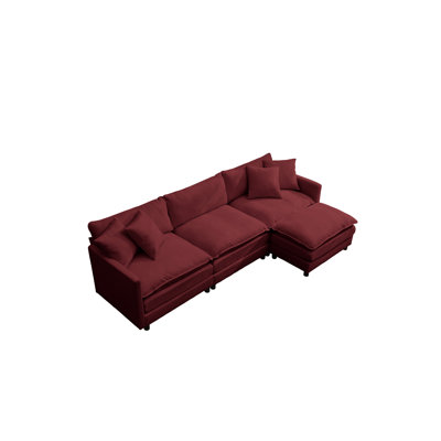 Chenille rouge 108 po en forme de L modulaire, accoudoirs carrés, sièges moelleux, convient aux salons principaux Chenille, pouces, en forme, luxueux, 6 remplisseurs de mousse, surfaces
