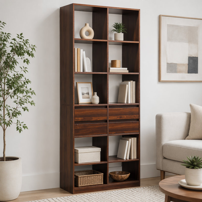 Tall Open Cubby Bookcase with 4 Storage Drawers