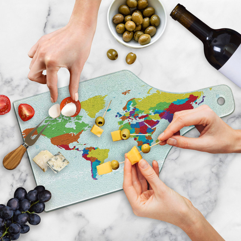 Ambesonne World Map Tempered Glass Cutting Board Countries and Oceans Multicolor