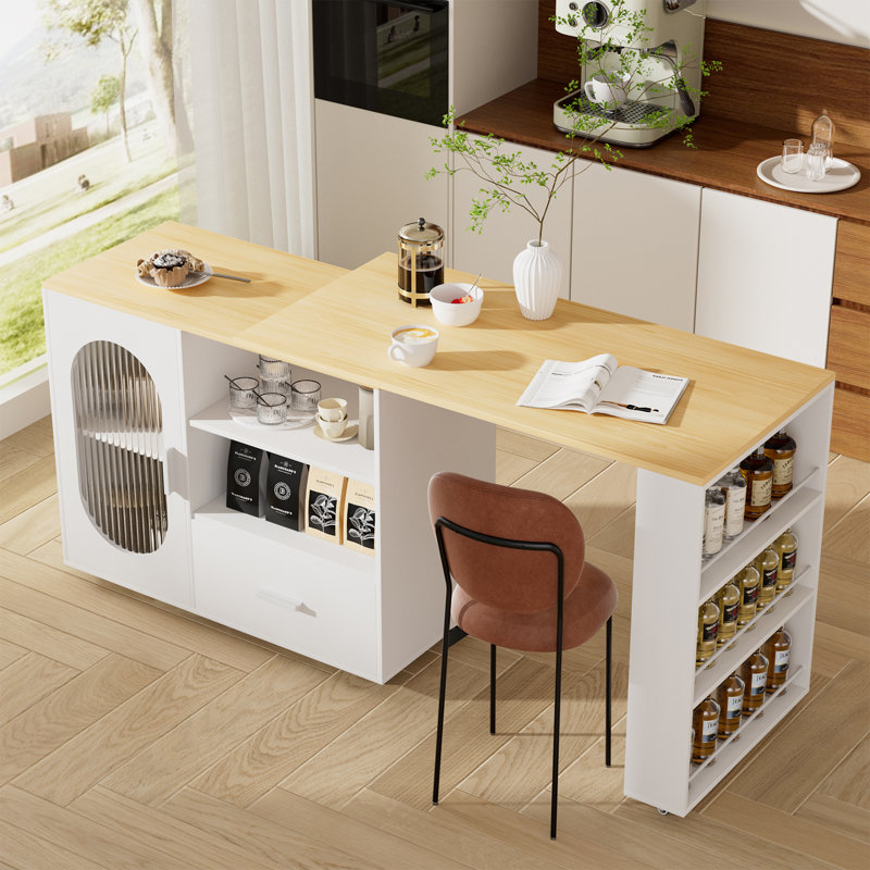 Kitchen Island With Extendable Dining Table For 1-2, Movable Kitchen Island With Storage Cabinet, Drawer, Side Spice Rack, Open Shelves And Led Lights