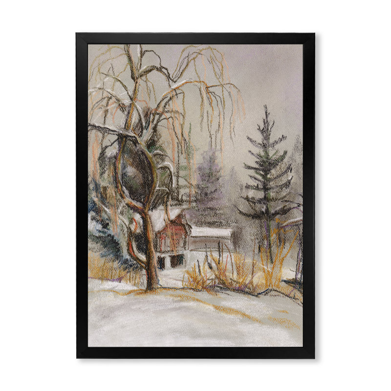 Winter Village Landscape II - peinture, Cadre photo noir, H 20 po x l 12 po x P 1 po