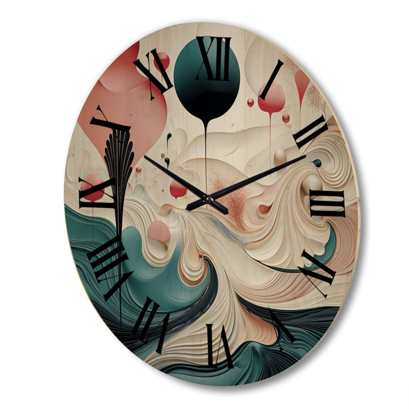 Abstract Blue Moon Landscape In Retro Blue Red - Abstract Spirals Oversized Wood Wall Clock, Extra Large