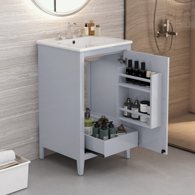 Bathroom Vanity with Sink, Functional Drawer and Door Shelf, Grey