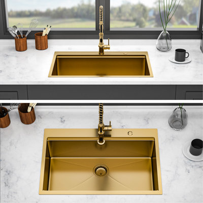 Évier de cuisine à encastrer 91 cm (36 po) doré, cuve unique, acier inoxydable T304 de calibre 16, avec rail de comptoir, guide d'eau en forme de X, revêtement anticondensation et coussinet de 3 mm. Livré avec passoire et clips de fixation.