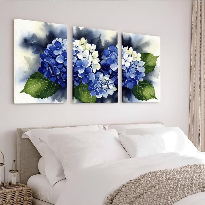 Peinture murale sur toile tendue, motif floral d'hortensias bleus et blancs, style aquarelle (paquet de 3), H 18 po x l 36 po