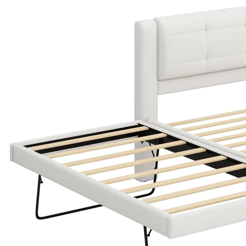 Lit plateforme tapissier avec lit gigogne, lit gigogne pouvant être plat ou érigé, Beige