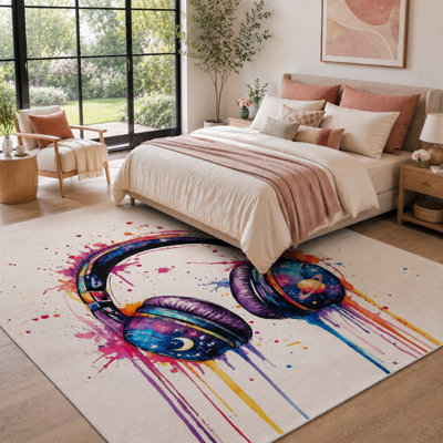 1Pcs Watercolor Headphones Design - Vibrant Splash Art, Abstract Pattern, Musical Theme Accent Rug, Easy Care, Non-Slip Backing, Living Room Bedroom Kitchen Office Indoor Use for home detor