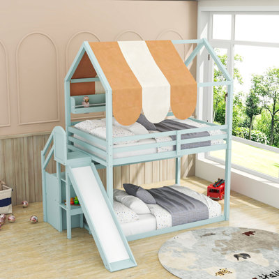 Lit superposé double sur lit double avec glissoire et tablettes Playhouse