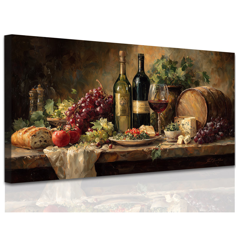 GUTTATY Wine Wall Art, Rustic Vineyard Still Life Painting Canvas Wall Decor, Earth Tone Wine Art Wall Decor, Serene Ambiance Wine Bar Prints for Kitchen Dining Room Living Room, 24x48 inches