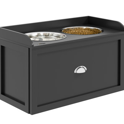 Dog Feeding Setup With Elevation. Black For Large Canines. Stainless Steel Bowls. Ensures Proper Digestion. Spacious Cabinet Stand Storage. Black. 2 Elevated Supports Pet's Digestive System.