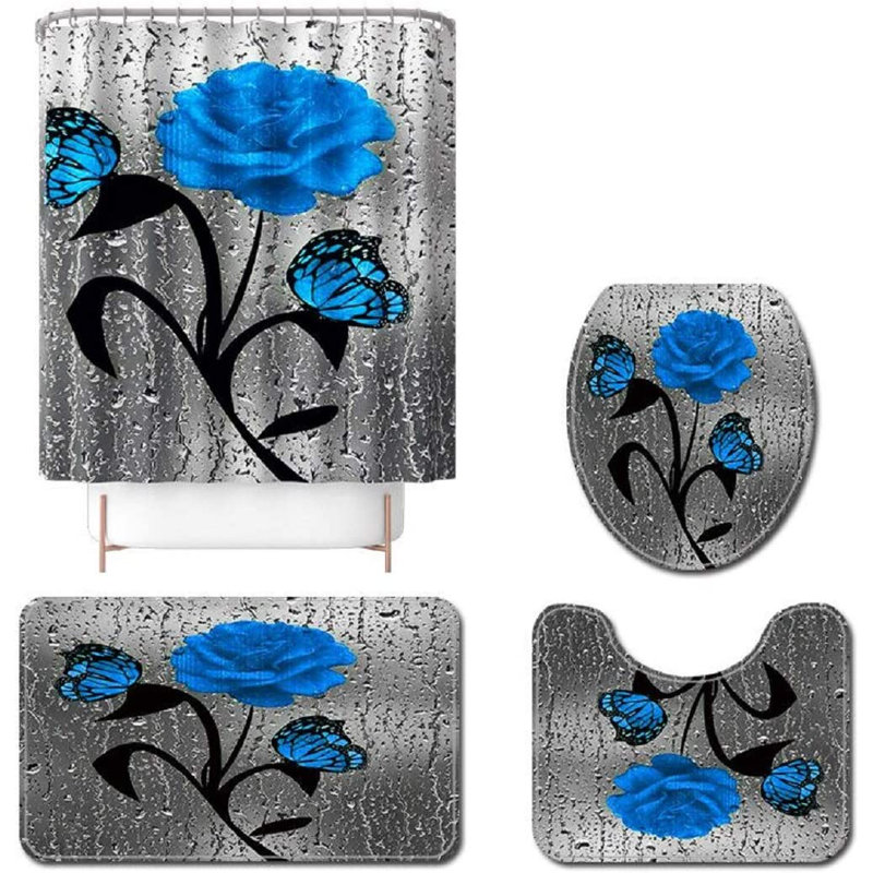 Ensemble de rideau de douche 4 pièces + crochets, Bleu