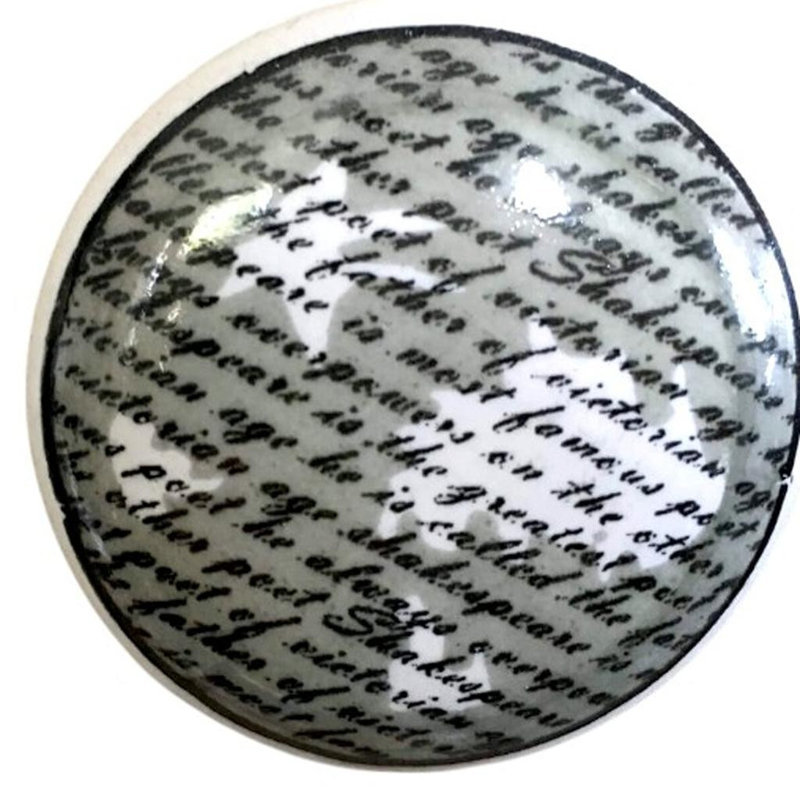 Set of Six White Poetic Script Ceramic Drawer Pull Knobs