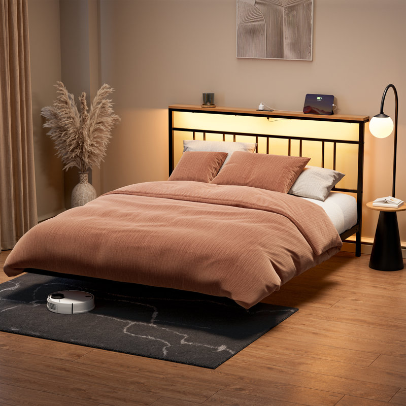 Floating Bed Frame with Storage Headboard,Modern Metal Platform Bed with LED & Charging Station,No Box Spring Needed, Full