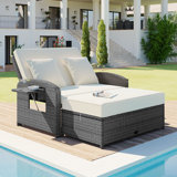 PE Wicker Rattan Double Chaise Lounge, 2-Person Reclining Daybed with Adjustable Back and Cushions