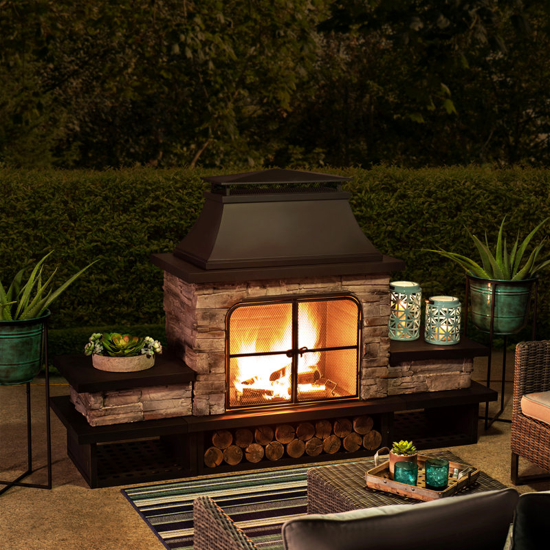 Sunjoy Quillen Outdoor Fireplace, Patio Wood Burning Fireplace with Steel Chimney, Mesh Spark Screen Doors and Fire Poker