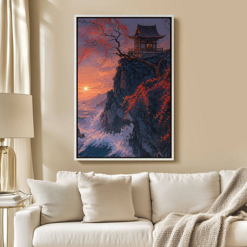 Art mural sur toile encadrée - Temple japonais sur une falaise avec coucher de soleil et arbre rouge d'automne - 16 po x 24 po, 24 po x 36 po