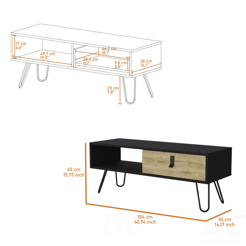 Table basse Kimball avec tiroir et pieds en épingle à cheveux, table