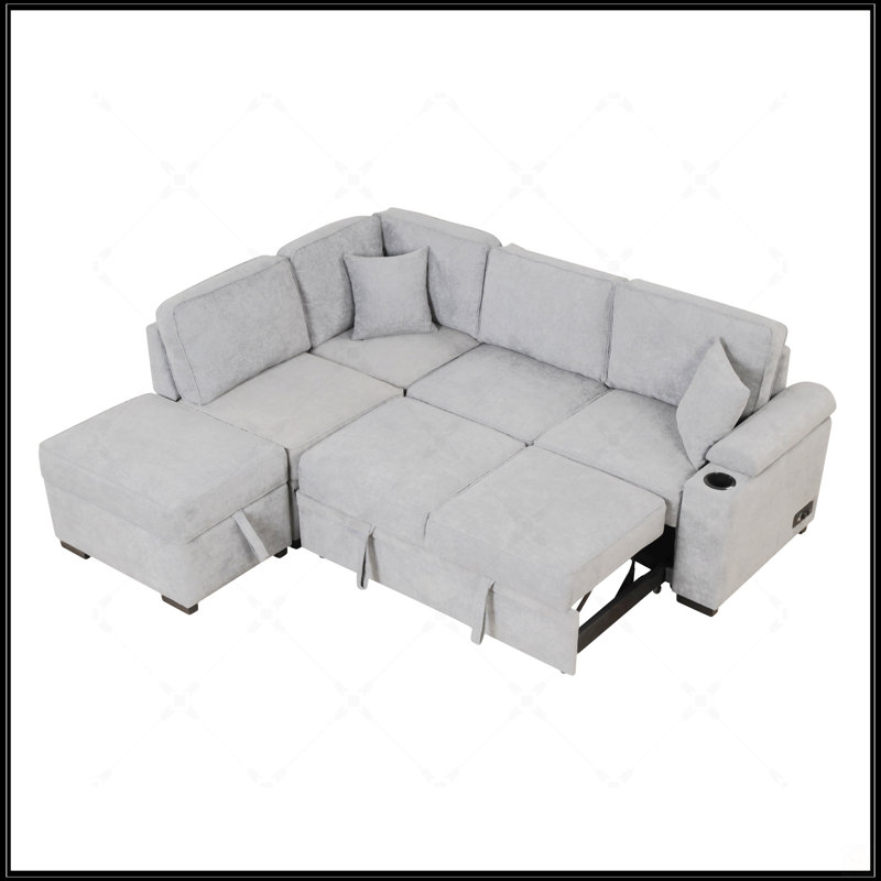 L Shape Couch,Sleeper Sofa Bed,Pull Out Sofa With Storage Ottoman And Two Pillows, Gray Linen