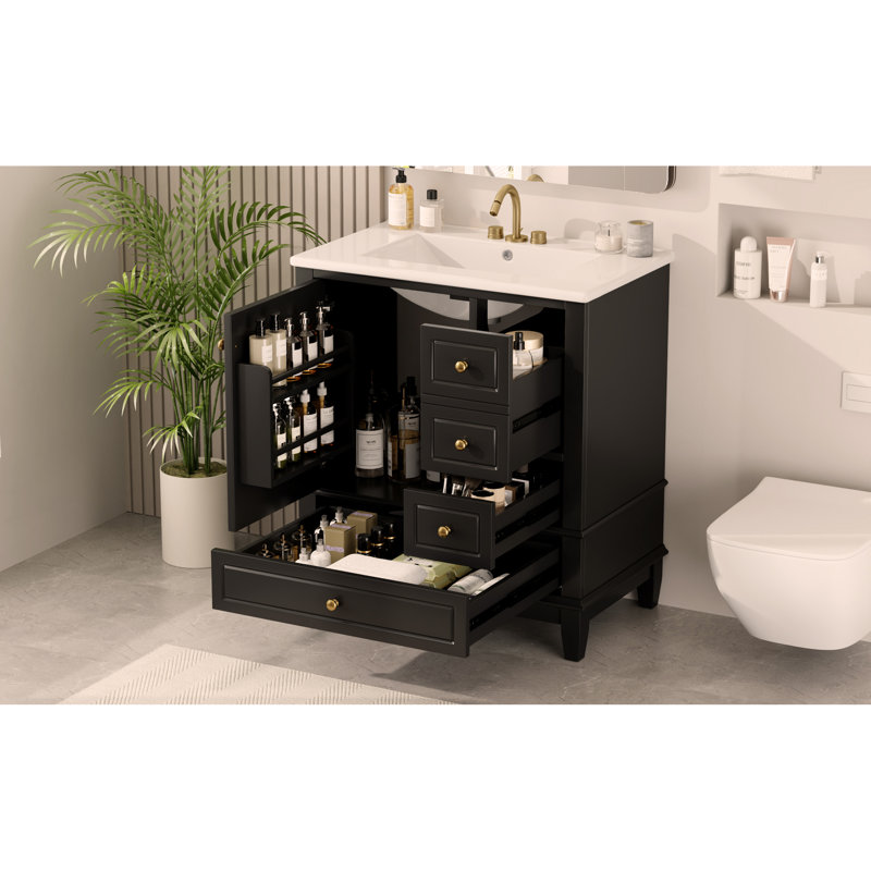 Meuble-lavabo 30 po avec lavabo, une porte avec tablette et trois tiroirs, porte à fermeture en douceur, Noir, Doré