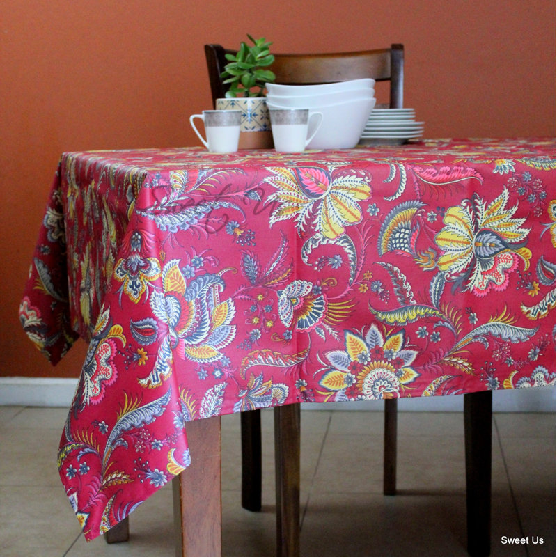 Wipeable Stain Resistant Acrylic Coated French Provencal Floral Bloom Cotton Tablecloth Collection, 98" L x 60" W, Red