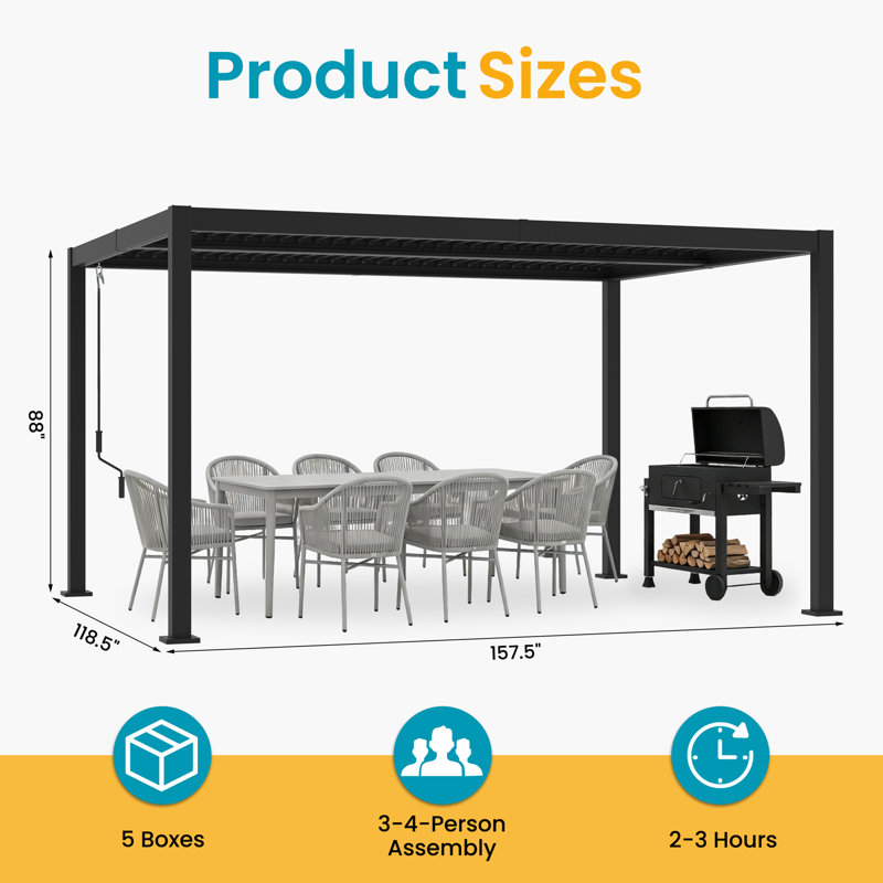 10 X 13 Ft Aluminum Pergola With Adjustable Louvered Roof, Outdoor Small Pergola For Deck Backyard Garden