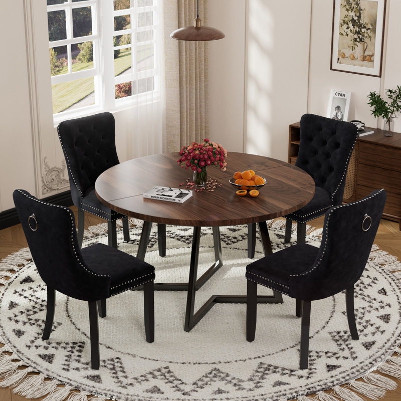 Round Wooden Dining Set with Velvet Dining Chair, Black, Dark Brown