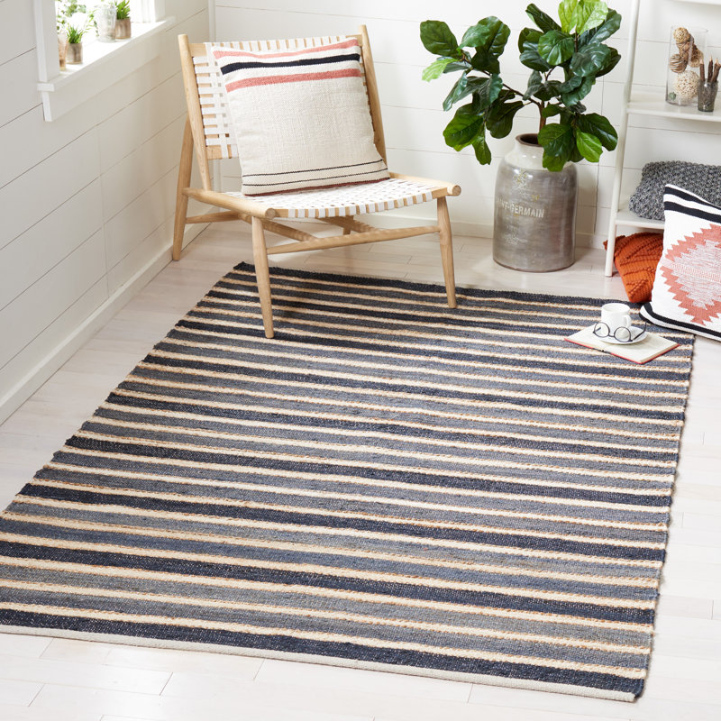 Wlikerson Hand Woven Jute/Cotton/Wool Striped Rug in Charcoal/Ivory, Rectangle 6' x 9'