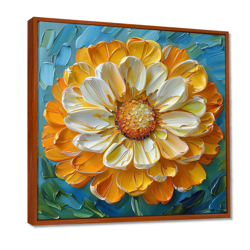 Peinture jaune jaune souci en fleurs I - décoration murale souci, Cadre flottant brun, H 30 po x l 30 po x P 1 po