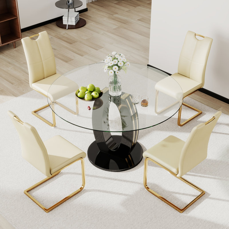 Ensemble de table de salle à manger haute brillance pour 4 à 6 personnes, 5, Jaune, or, Noir
