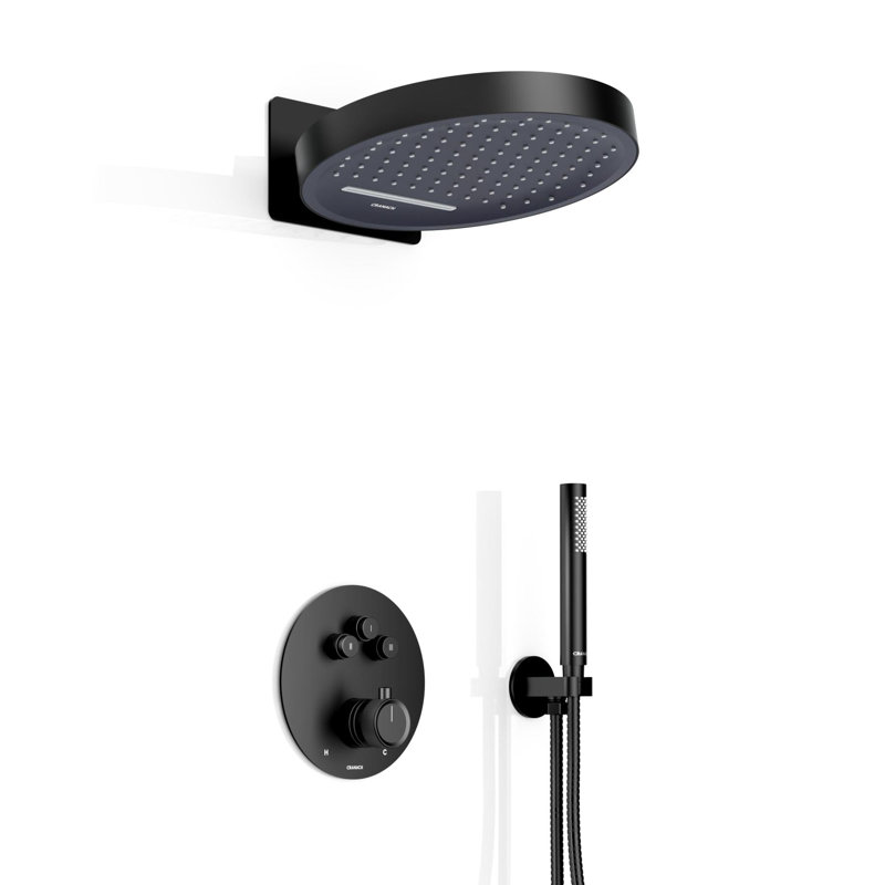 Rhum Thermostatic Shower System with 2-function Wall Mount Shower Head (Rainfall + Waterfall) , Hand Shower and Push-Button Valve