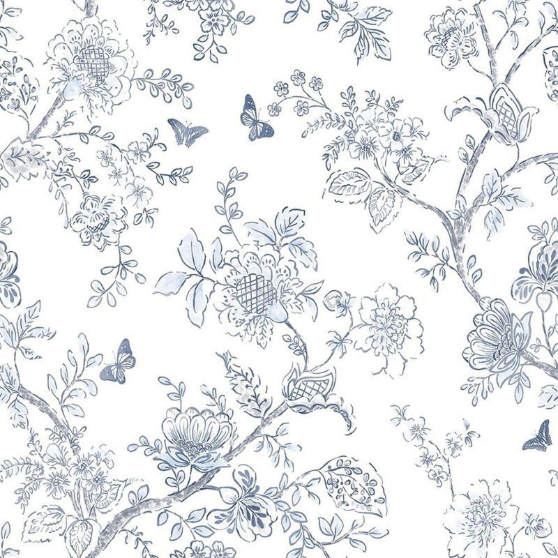 Rouleau de papier peint L 33 pi x l 21 po Flowers and Butterflies, Bleu / blanc