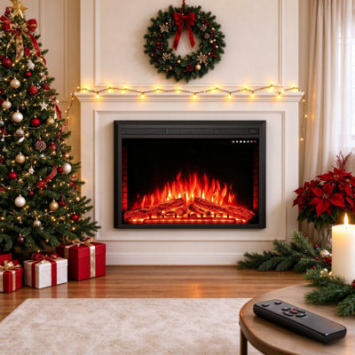 Foyer électrique encastré 39 po, réchaud électrique de 1500 W avec 5 flammes réglables, 5 niveaux de luminosité, minuterie 8H, écran tactile et télécommande pour le salon
