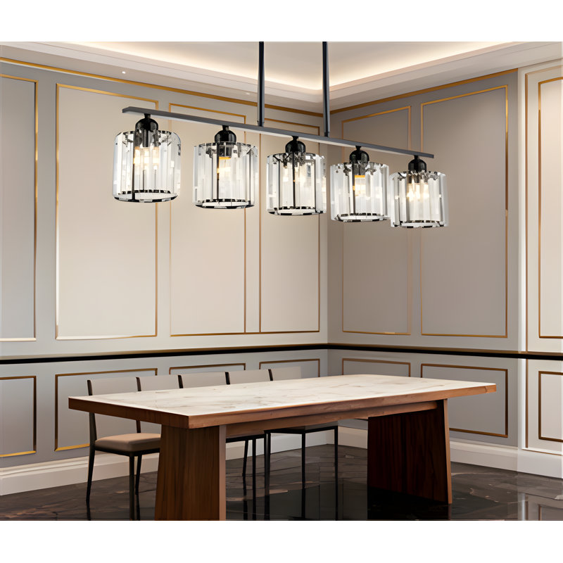 Luminaire suspendu linéaire avec abat-jour en cristal transparent K9, lustre de style campagnard à 5 lumières pour îlot de cuisine moderne rustique noir mat