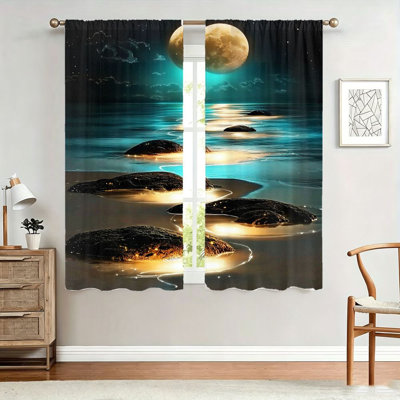 2Pcs Scenic Moonlit Beach Curtains, light filtering fabric, dreamy and mysterious ocean view print, sunshade privacy protection, rod-pocket design, suitable for living room, bedroom, balcony, kitchen home decoration