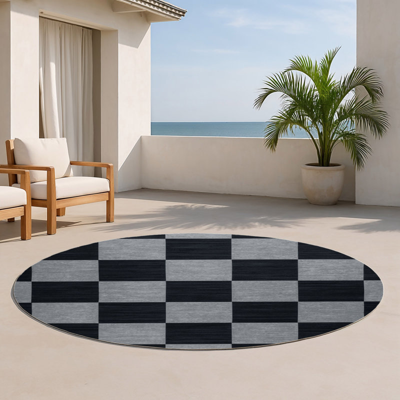 Tapis d'intérieur et d'extérieur à carreaux gris, Rond 5 pi