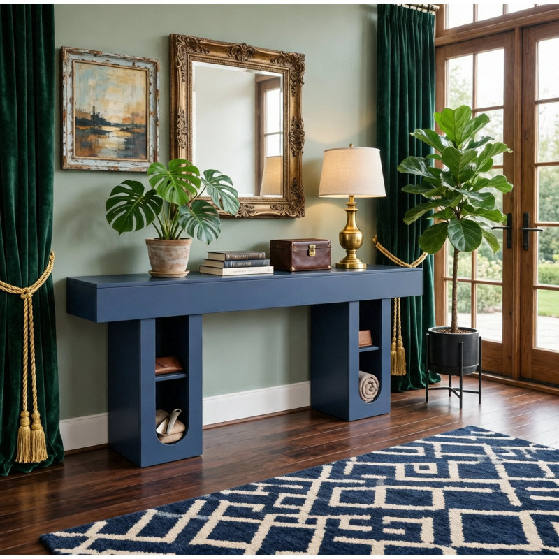 Console de 71 pouces de long avec sortie et tablettes de rangement pour le couloir et le salon