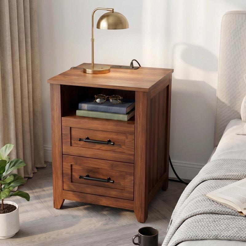 Ensemble de 2 tables de chevet avec station de charge, 2 tiroirs et tablette ouverte, tables de bout modernes avec ports USB et Type-C pour la chambre à coucher